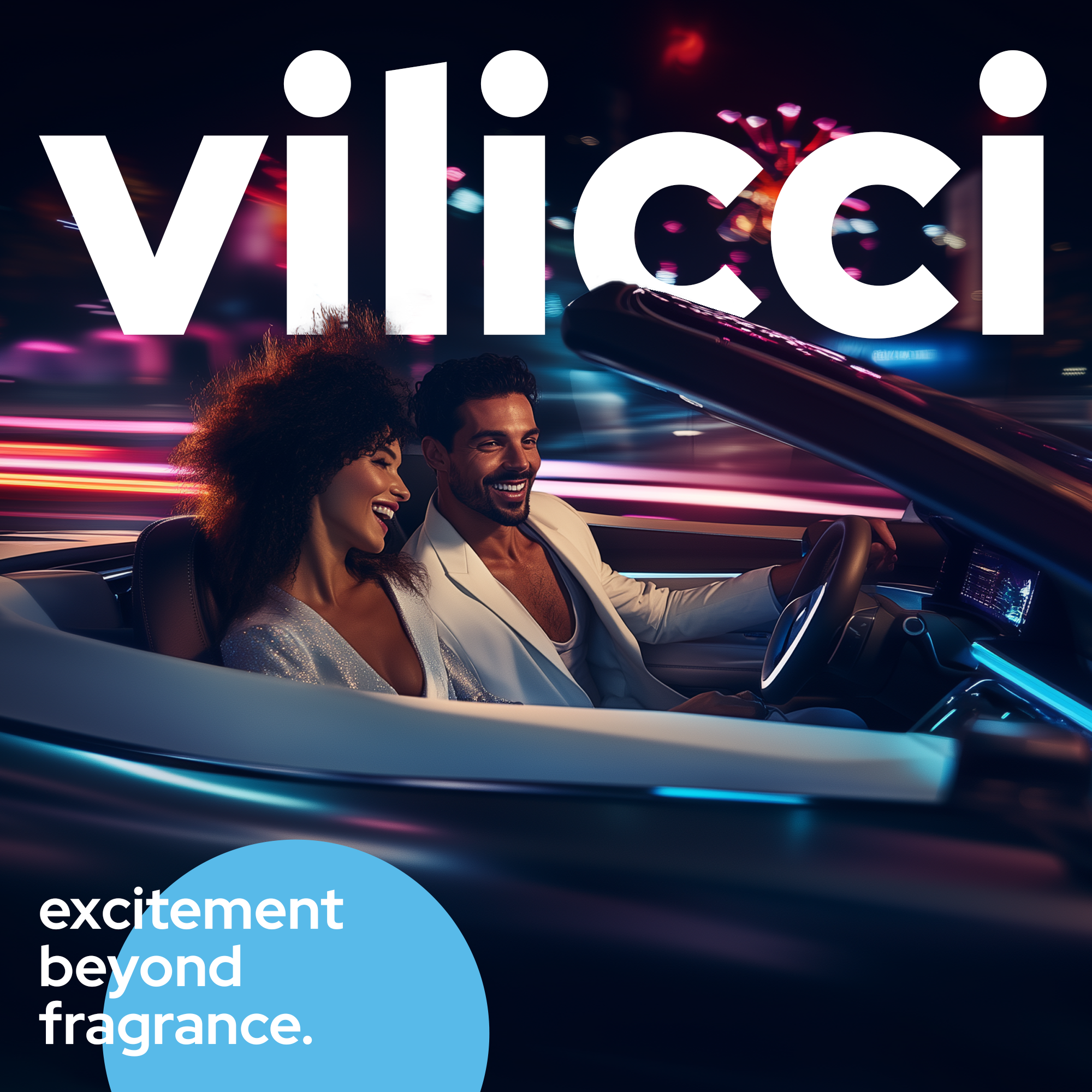 Modern Animal car fragrance by Vilicci, shown in vibrant nighttime drive with brand slogan excitement beyond fragrance